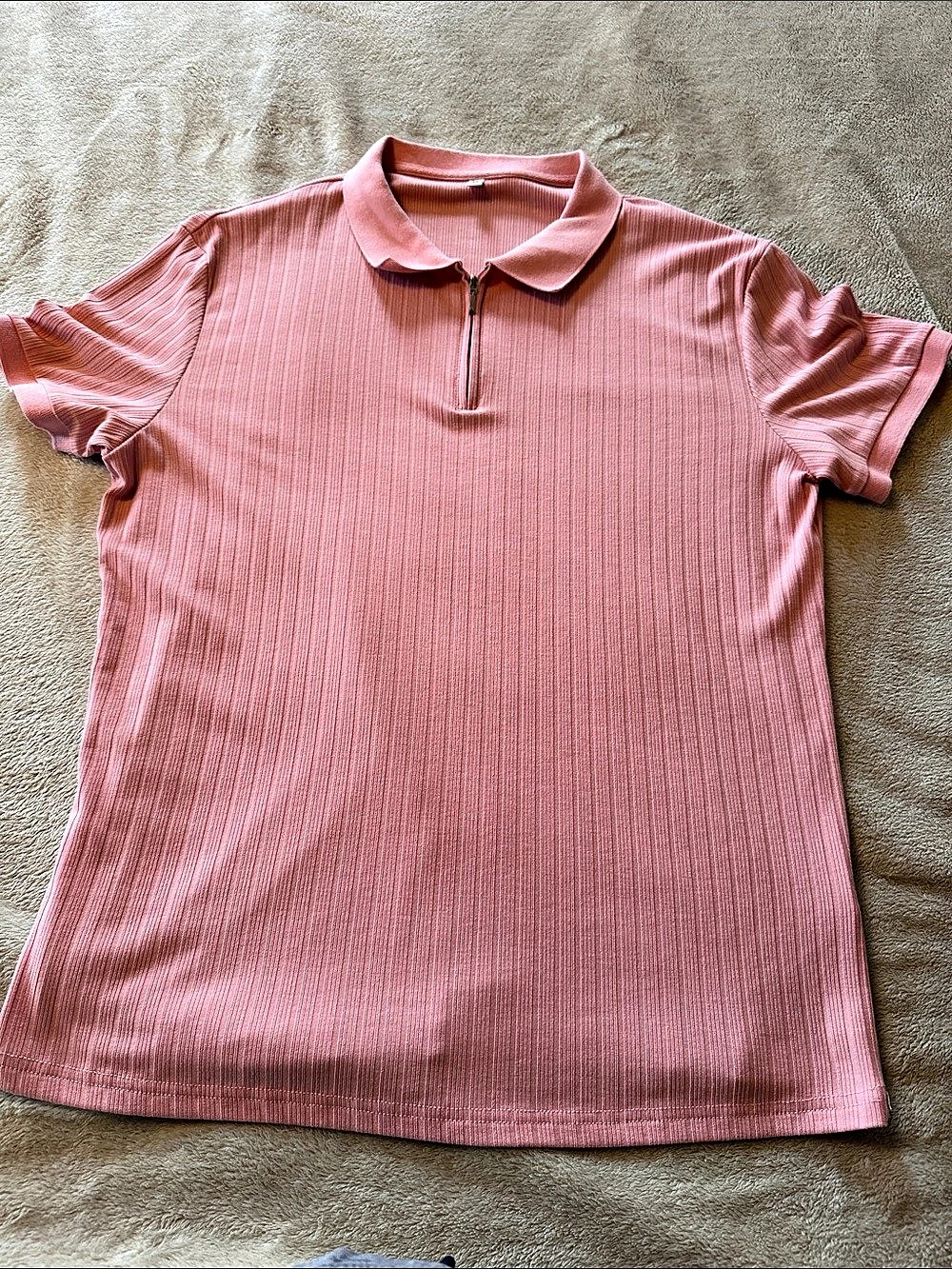 Pink Ribbed Collared Short Sleeve Top